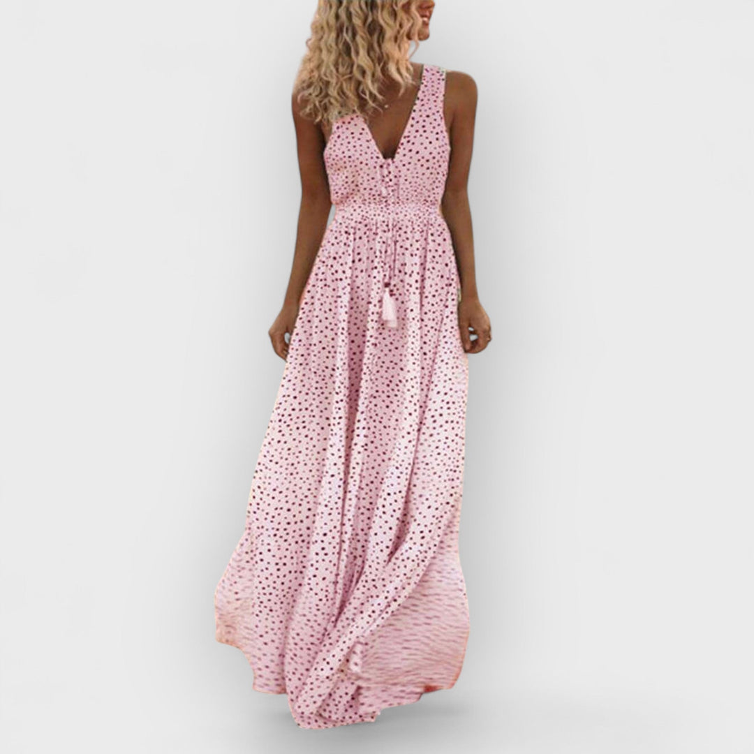 Eliana | Bohemian V-Neck Sleeveless Polka-Dot Maxi Dress