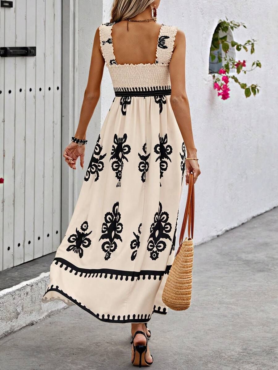 Elise | Chic Square Neck Sleeveless Printed Beach Dress