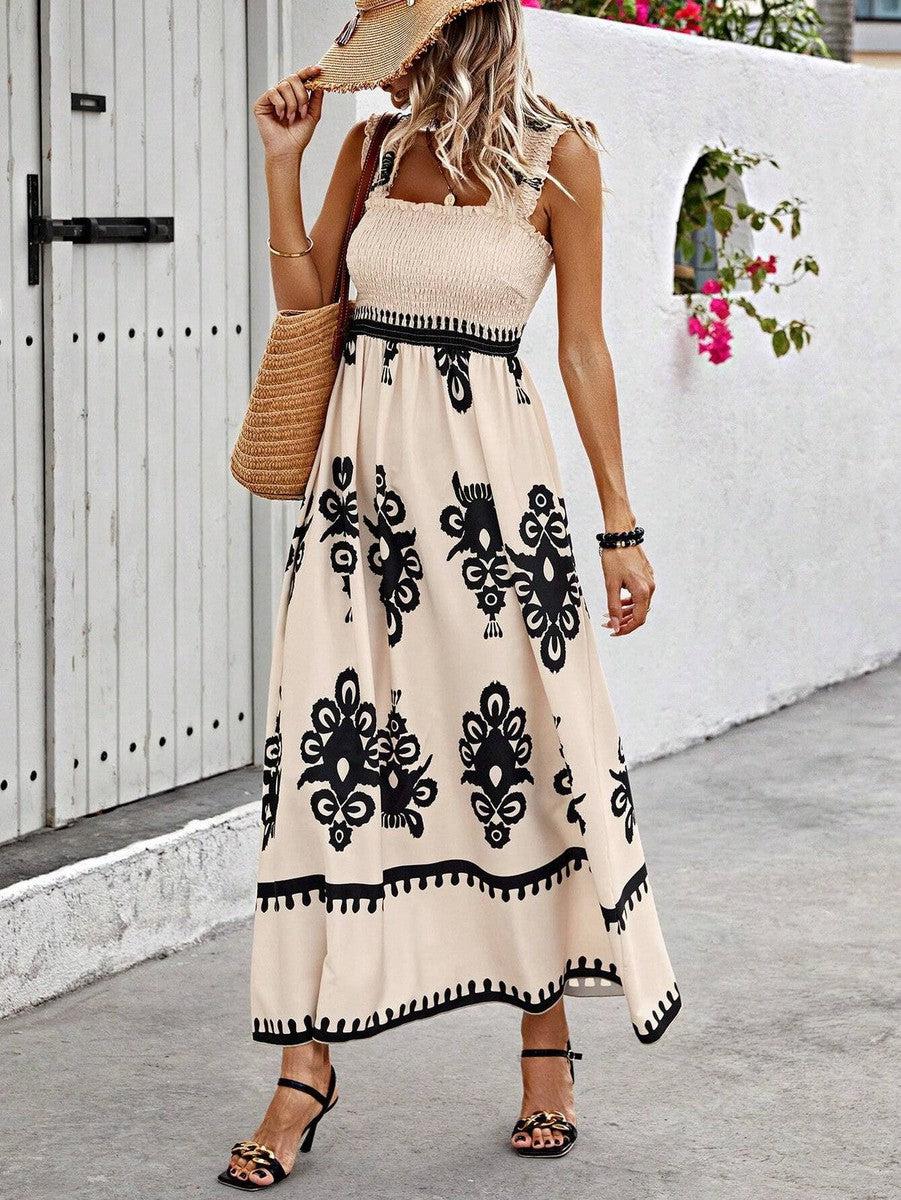 Elise | Chic Square Neck Sleeveless Printed Beach Dress