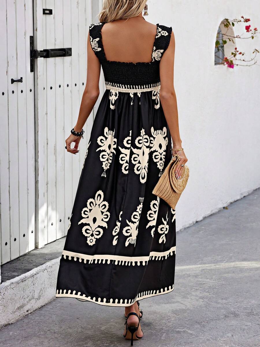 Elise | Chic Square Neck Sleeveless Printed Beach Dress