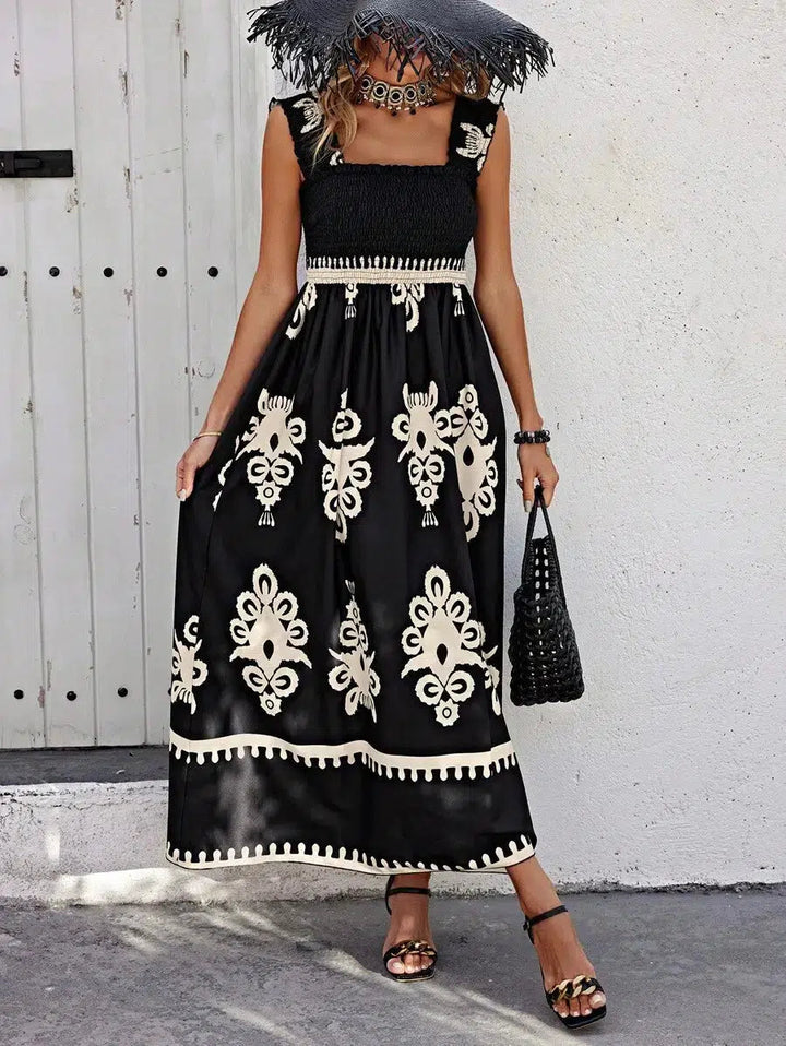 Elise | Chic Square Neck Sleeveless Printed Beach Dress