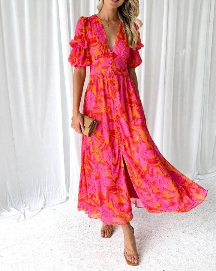 Amira | Elegant V-neck Puff Sleeve Maxi Dress