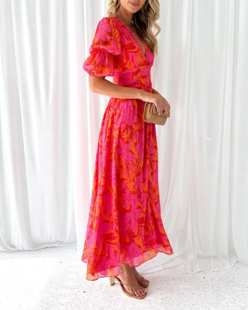 Amira | Elegant V-neck Puff Sleeve Maxi Dress