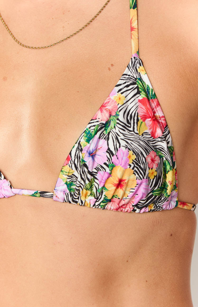 Oceania White Zebra Floral Triangle Bikini Top