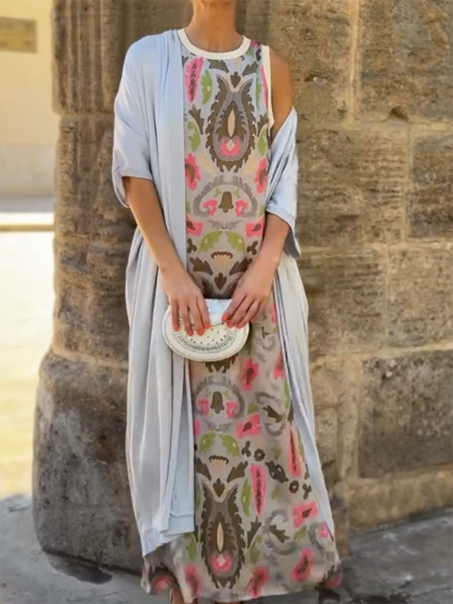 Rubies Defined™ | Women's Printed Satin Cardigan Dress Two-Piece Set