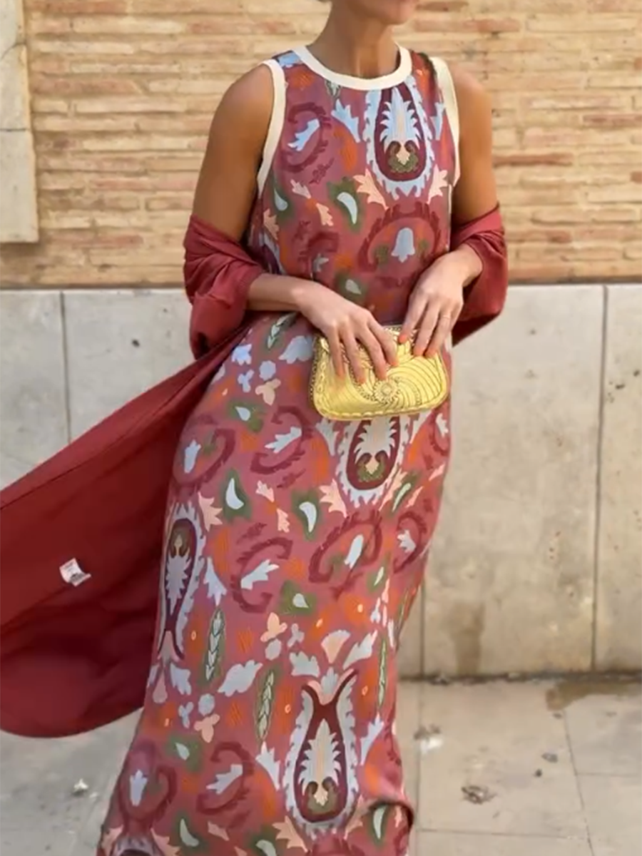 Rubies Defined™ | Women's Printed Satin Cardigan Dress Two-Piece Set