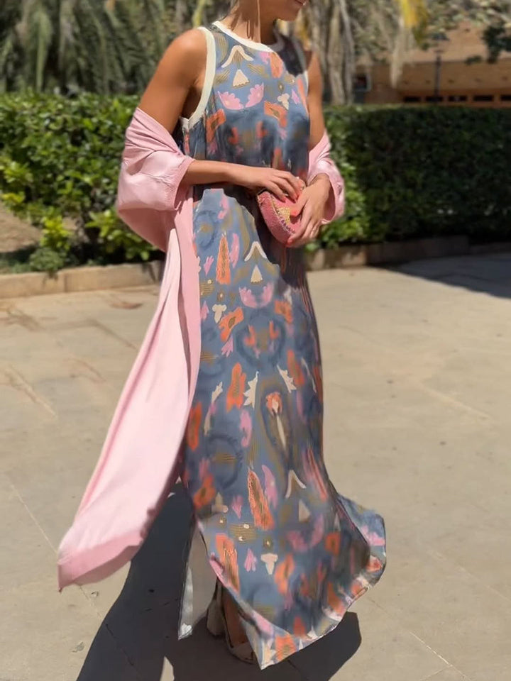 Rubies Defined™ | Women's Printed Satin Cardigan Dress Two-Piece Set