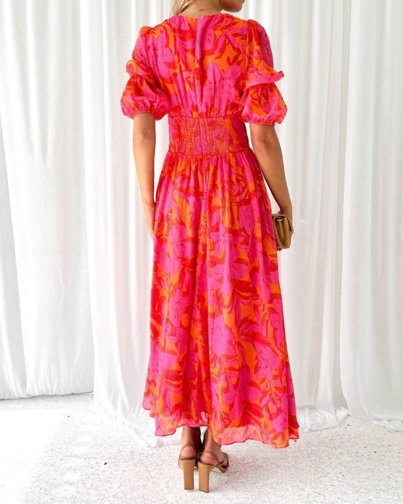 Amira | Elegant V-neck Puff Sleeve Maxi Dress