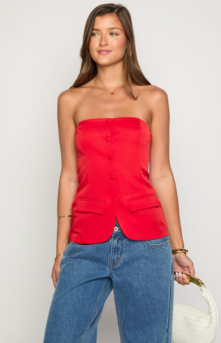 Dien Red Strapless Button Up Top