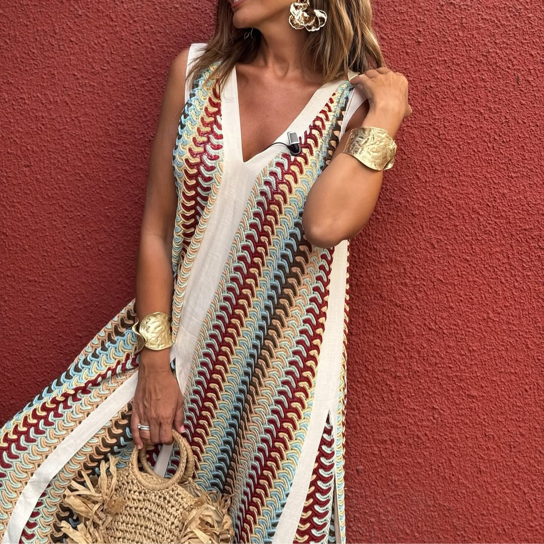 Claire | Ethnic Print Long Dress with Loose Cut and V-Neck