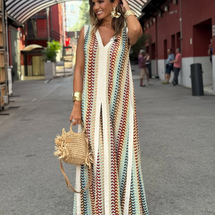 Claire | Ethnic Print Long Dress with Loose Cut and V-Neck