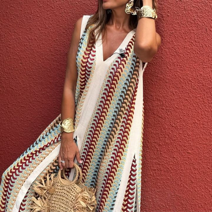 Claire | Ethnic Print Long Dress with Loose Cut and V-Neck