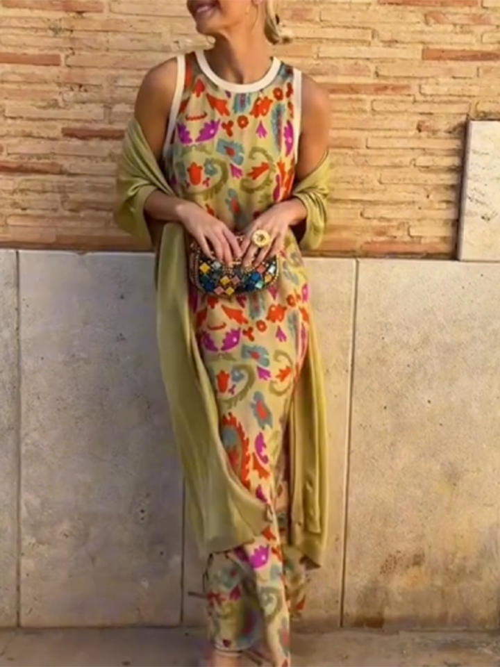 Rubies Defined™ | Women's Printed Satin Cardigan Dress Two-Piece Set