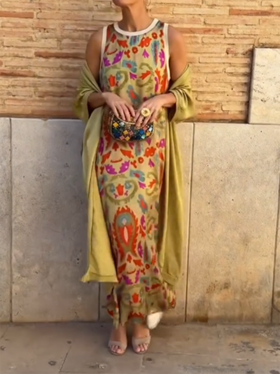 Rubies Defined™ | Women's Printed Satin Cardigan Dress Two-Piece Set