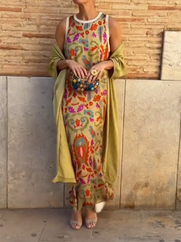 Rubies Defined™ | Women's Printed Satin Cardigan Dress Two-Piece Set