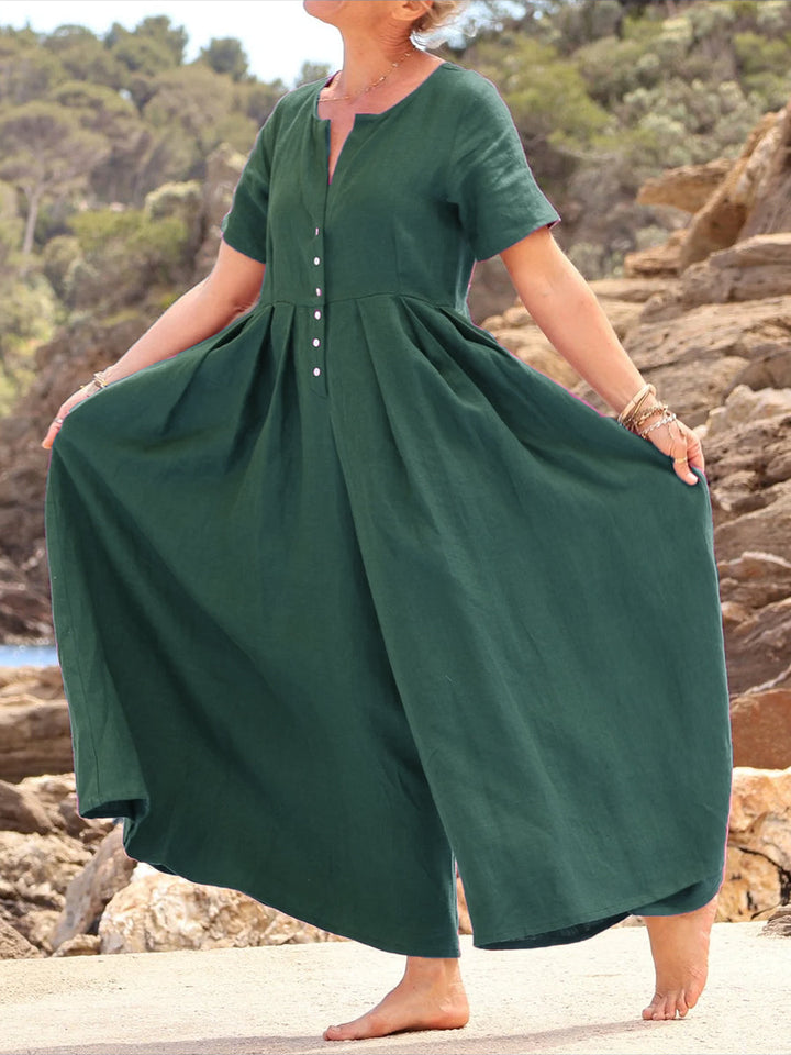 Rubies Defined™ | Wide-Pleated Cotton-Linen Button-Down Jumpsuit