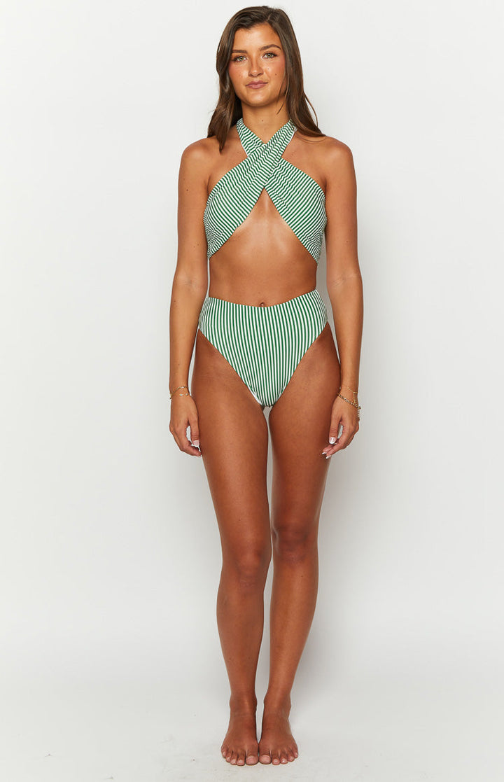 Miss America Green Striped Halter Bikini Top