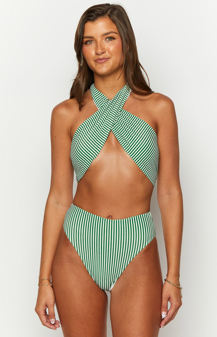 Miss America Green Striped Halter Bikini Top