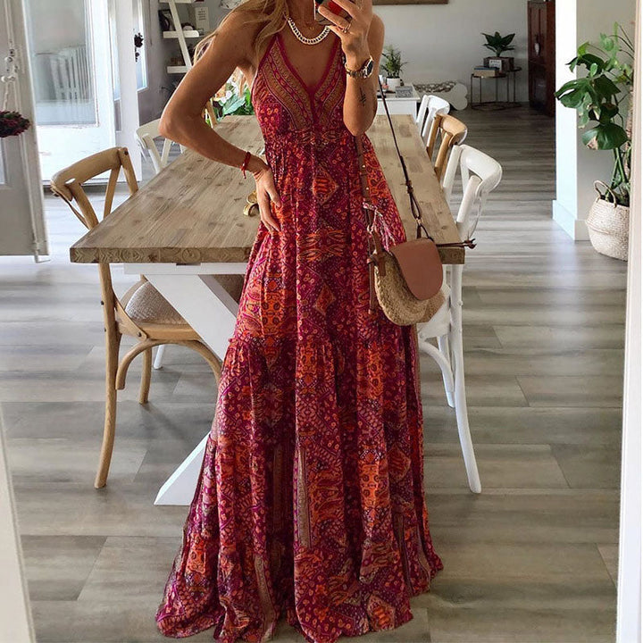 Waren - Boho Spaghetti Strap V-Neck Maxi Dress