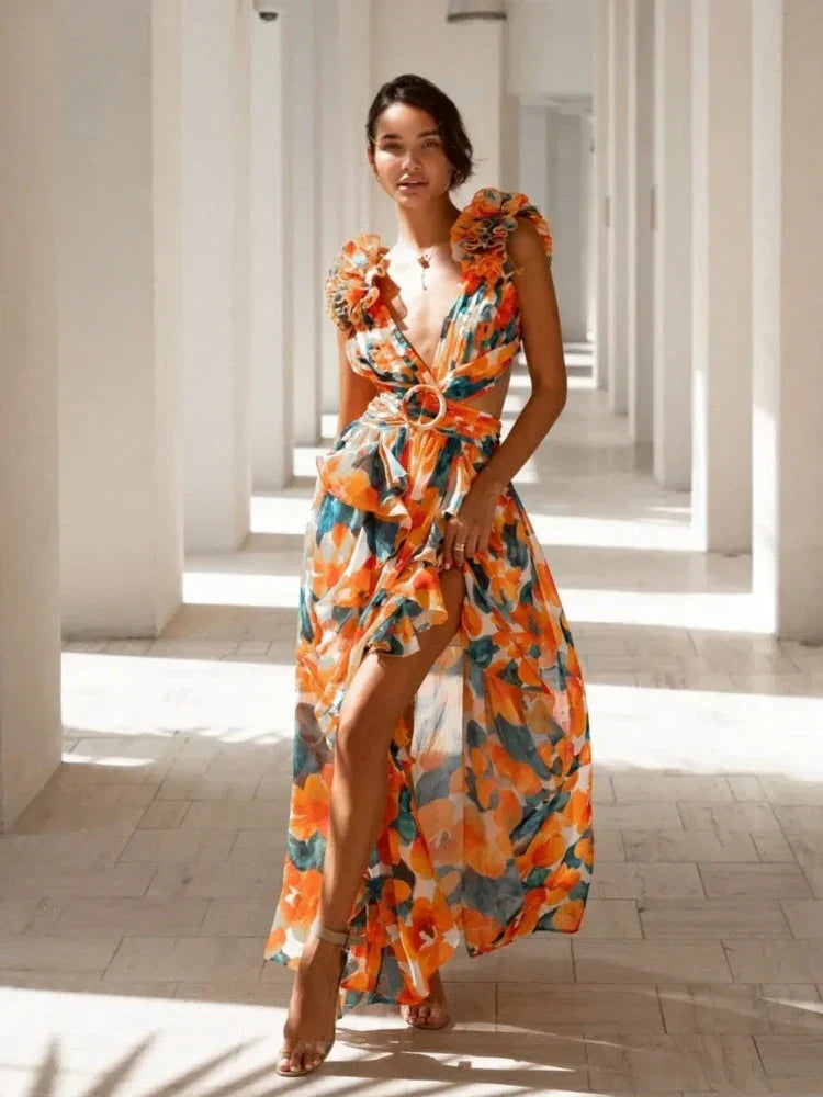 Angel | Elegant Backless Ruffles Maxi Dress