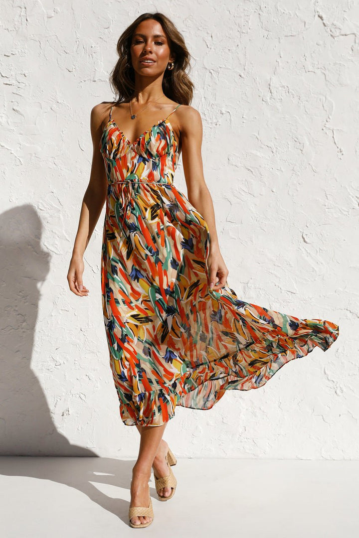 Adela Printed Ruffle Trim Midi Sundress