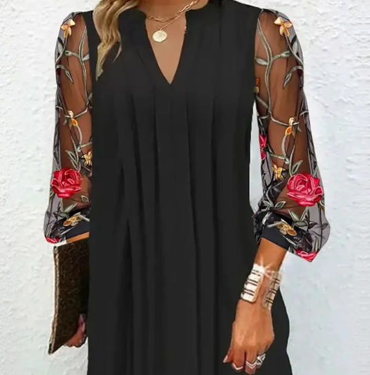 Renée™ | Elegant Mini Dress with V-Neckline and Sheer Sleeves