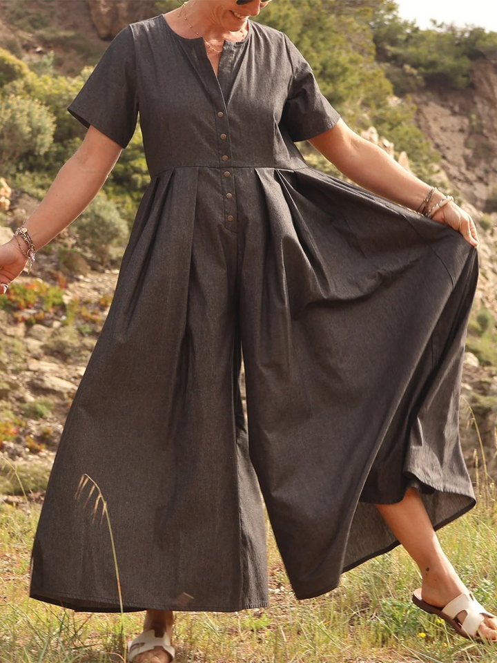 Rubies Defined™ | Wide-Pleated Cotton-Linen Button-Down Jumpsuit