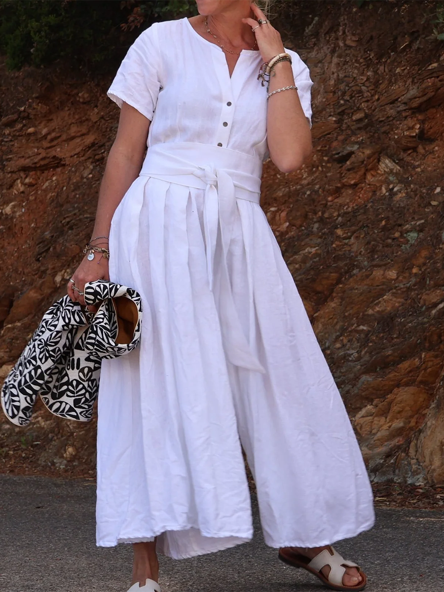 Rubies Defined™ | Wide-Pleated Cotton-Linen Button-Down Jumpsuit