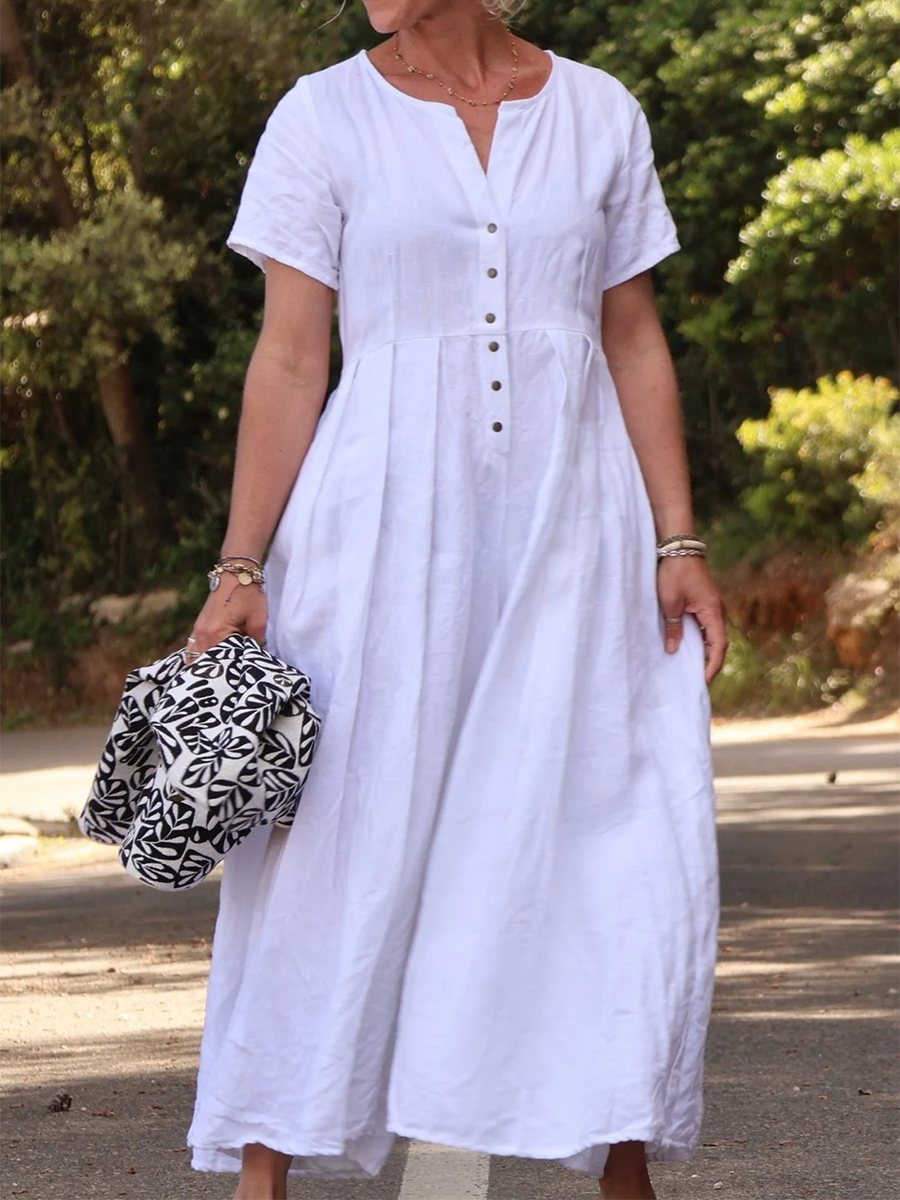 Rubies Defined™ | Wide-Pleated Cotton-Linen Button-Down Jumpsuit