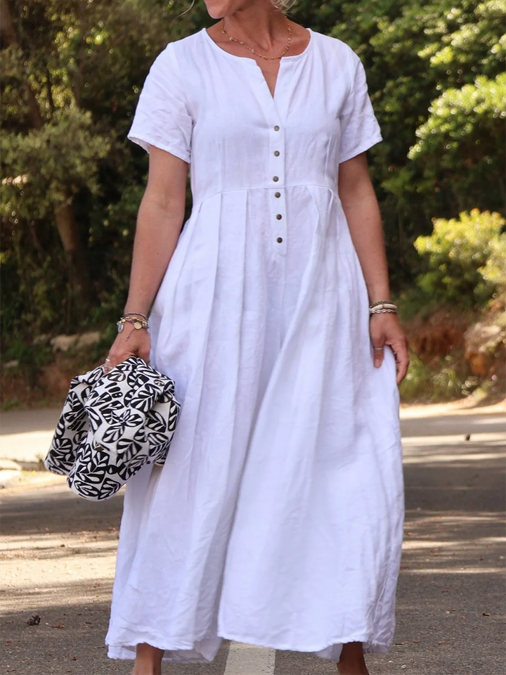 Rubies Defined™ | Wide-Pleated Cotton-Linen Button-Down Jumpsuit