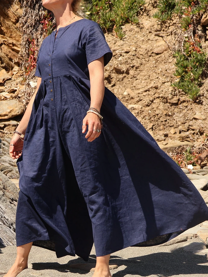 Rubies Defined™ | Wide-Pleated Cotton-Linen Button-Down Jumpsuit