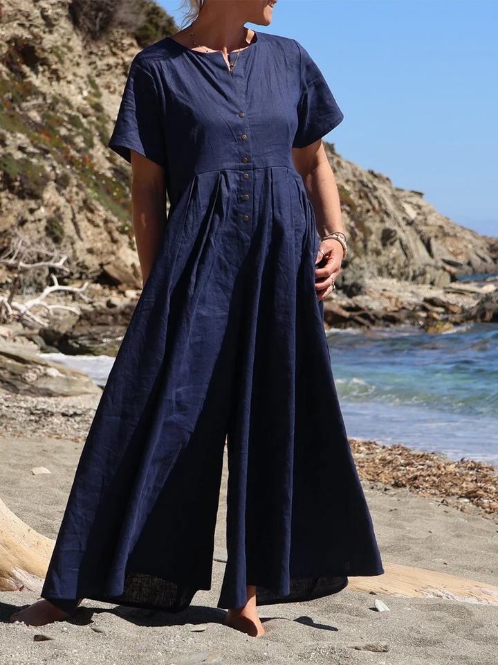 Rubies Defined™ | Wide-Pleated Cotton-Linen Button-Down Jumpsuit
