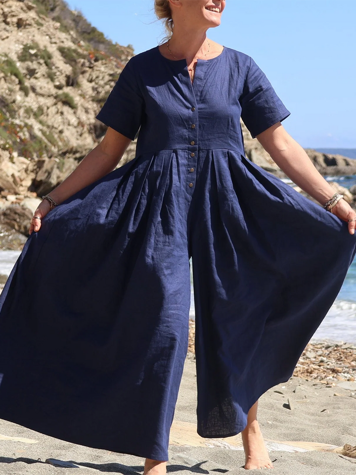 Rubies Defined™ | Wide-Pleated Cotton-Linen Button-Down Jumpsuit