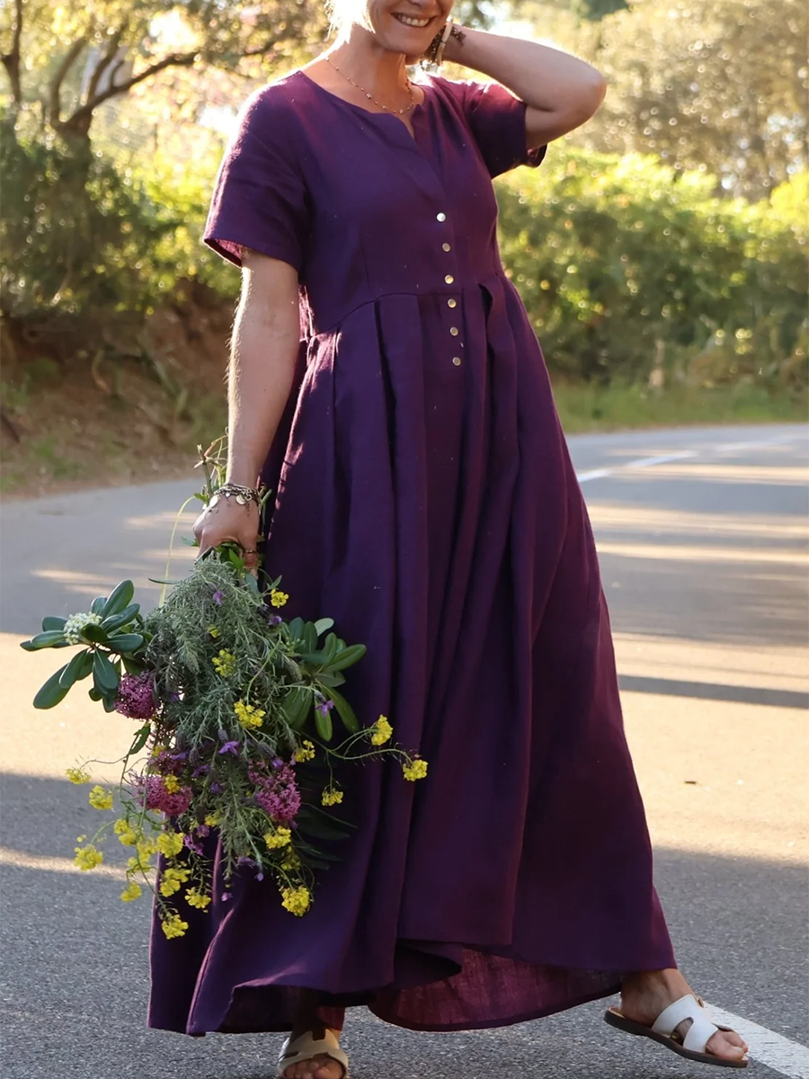Rubies Defined™ | Wide-Pleated Cotton-Linen Button-Down Jumpsuit