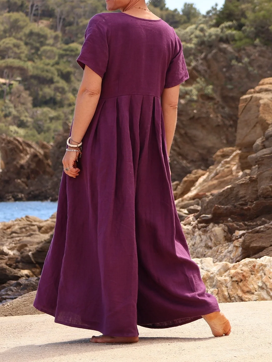 Rubies Defined™ | Wide-Pleated Cotton-Linen Button-Down Jumpsuit