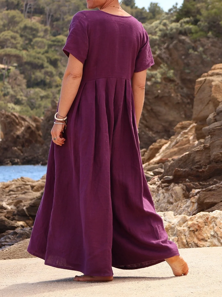 Rubies Defined™ | Wide-Pleated Cotton-Linen Button-Down Jumpsuit
