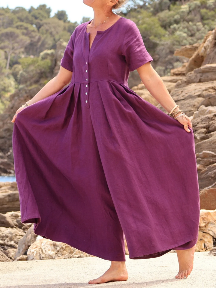 Rubies Defined™ | Wide-Pleated Cotton-Linen Button-Down Jumpsuit