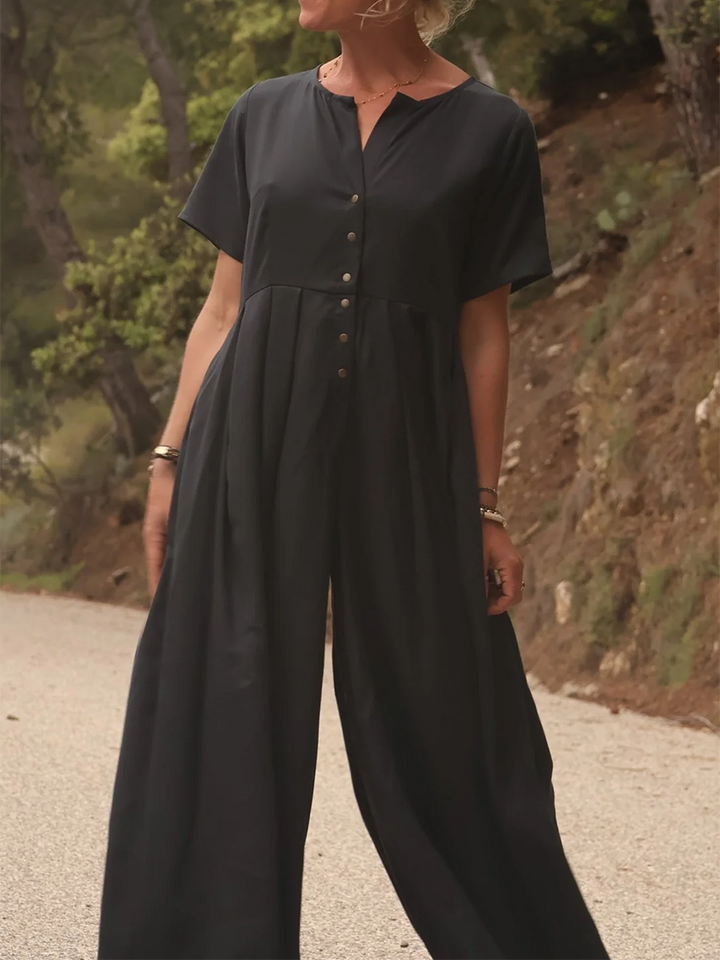 Rubies Defined™ | Wide-Pleated Cotton-Linen Button-Down Jumpsuit