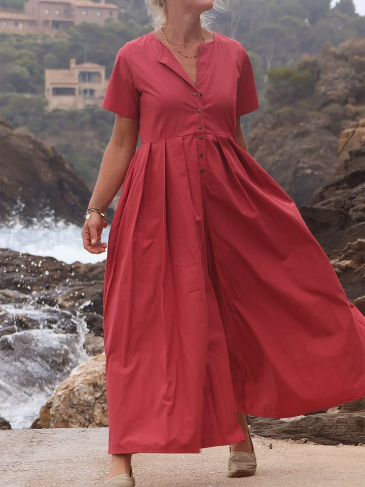 Rubies Defined™ | Wide-Pleated Cotton-Linen Button-Down Jumpsuit