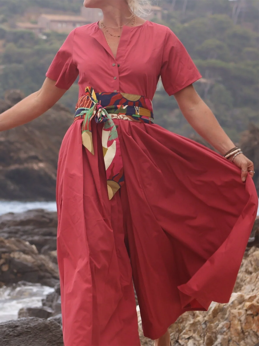 Rubies Defined™ | Wide-Pleated Cotton-Linen Button-Down Jumpsuit