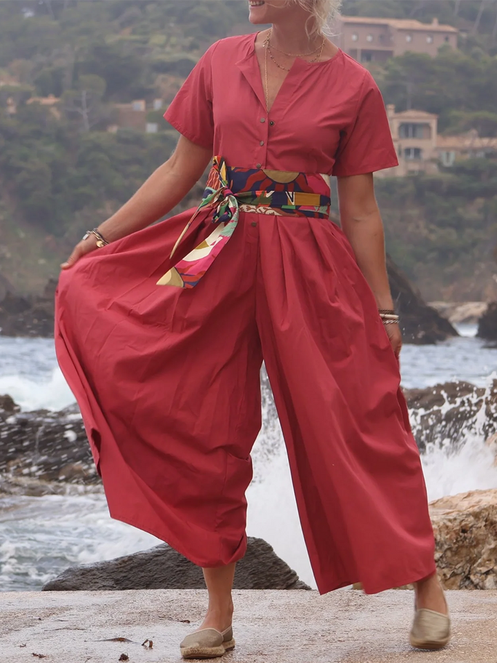 Rubies Defined™ | Wide-Pleated Cotton-Linen Button-Down Jumpsuit