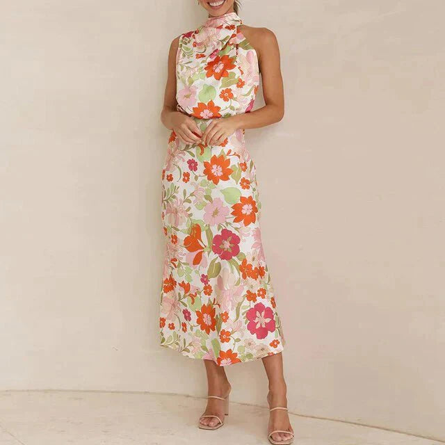 Women's Halter Neck Midi Dress in Floral Silk Blend