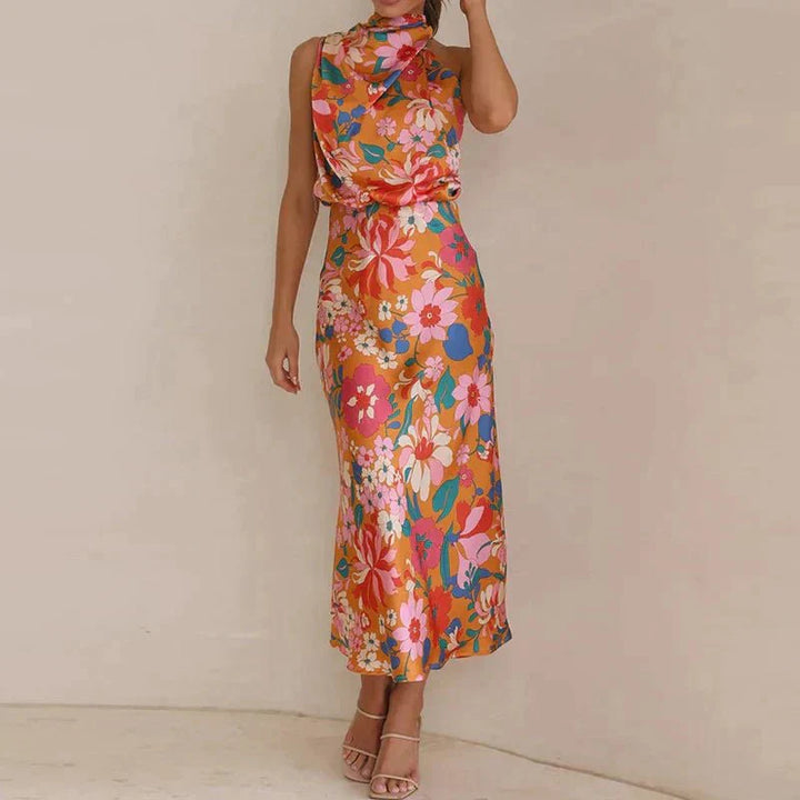 Women's Halter Neck Midi Dress in Floral Silk Blend