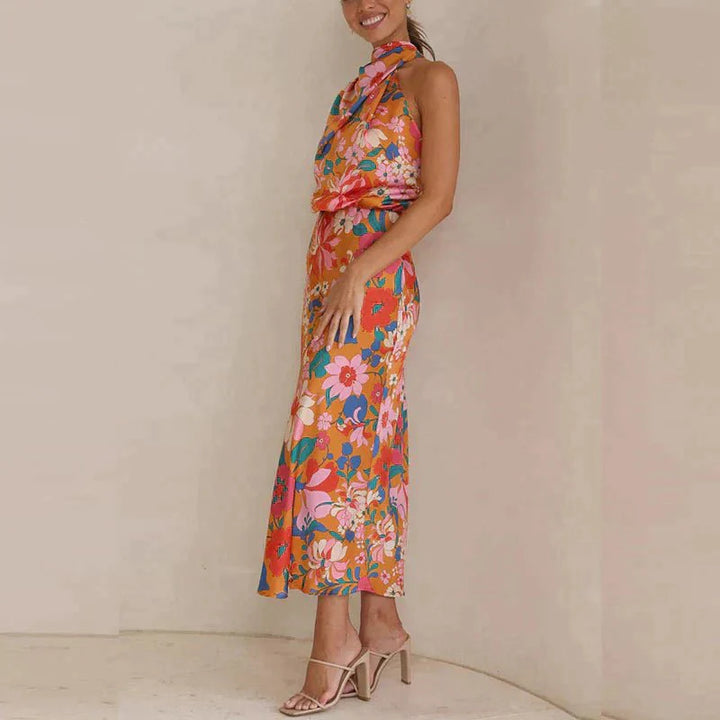 Women's Halter Neck Midi Dress in Floral Silk Blend