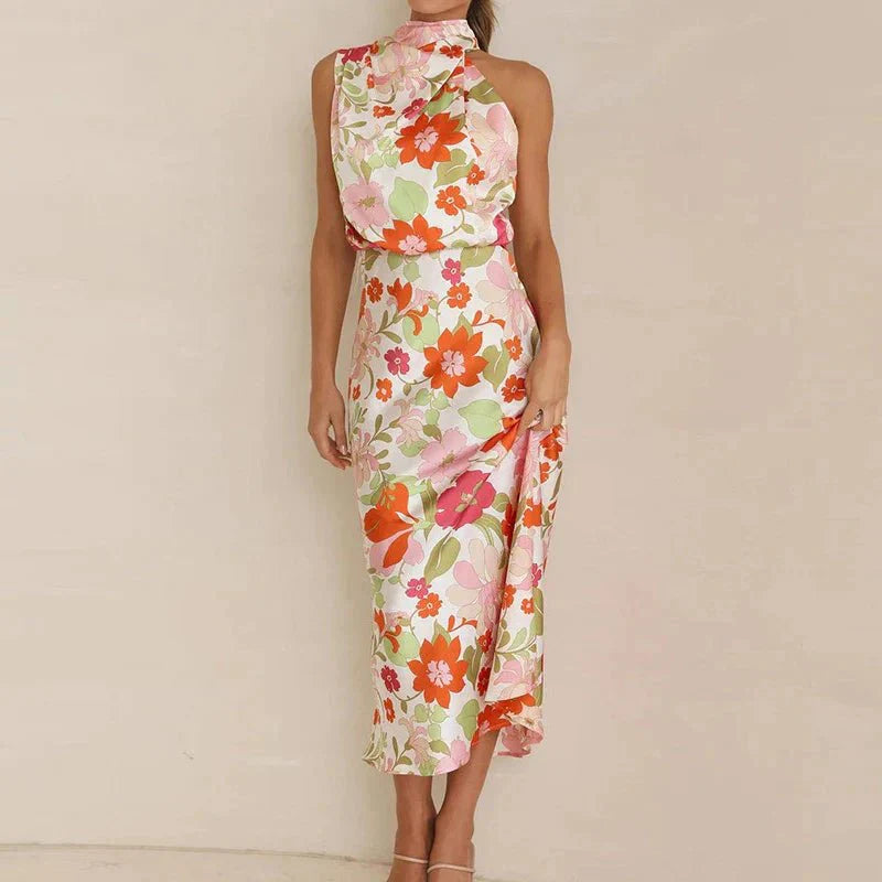 Women's Halter Neck Midi Dress in Floral Silk Blend