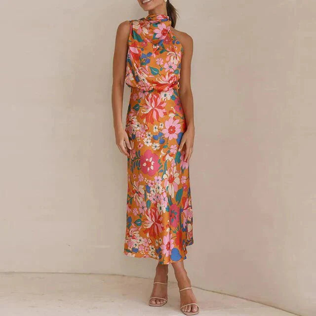 Women's Halter Neck Midi Dress in Floral Silk Blend