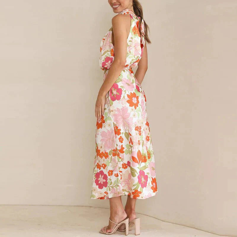 Women's Halter Neck Midi Dress in Floral Silk Blend